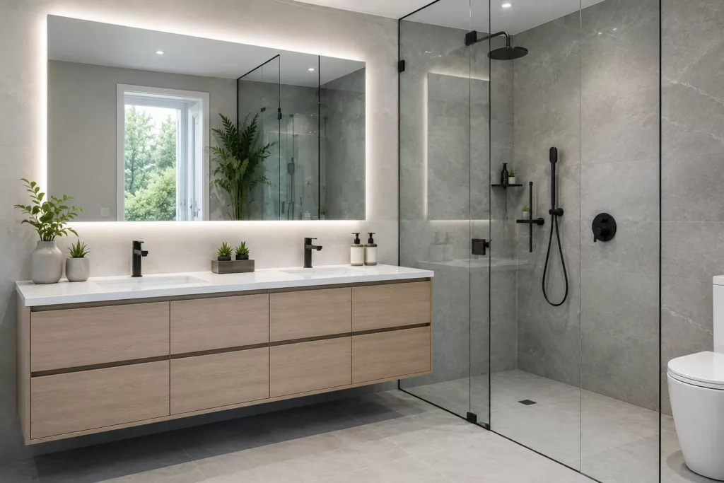 Floating wood bathroom vanity beside a glass walk-in shower