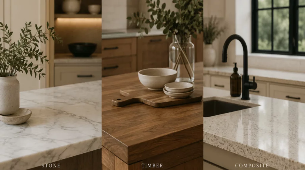 Stone, wood and composite countertops compared side by side