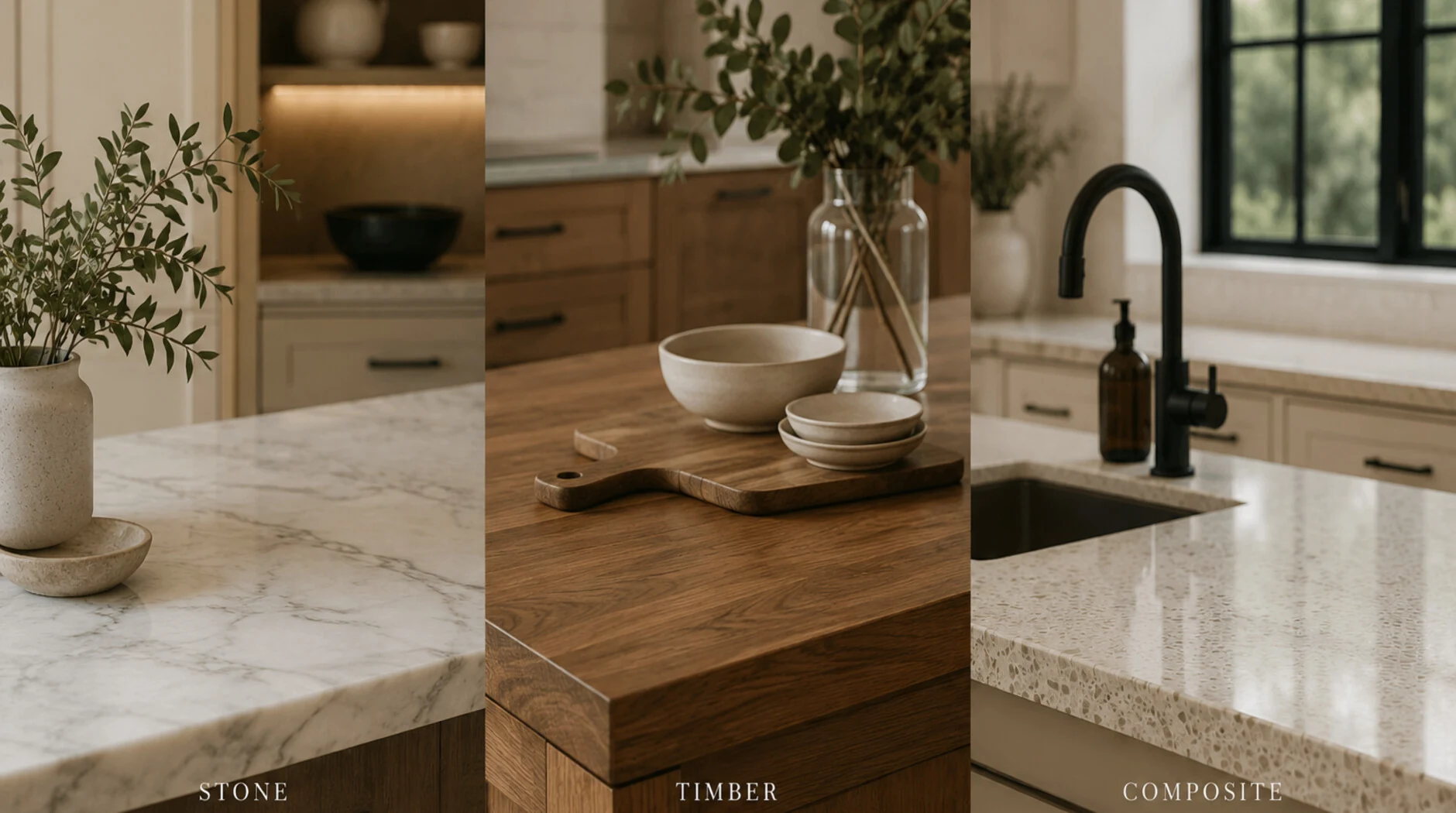 Stone, wood and composite countertops compared side by side
