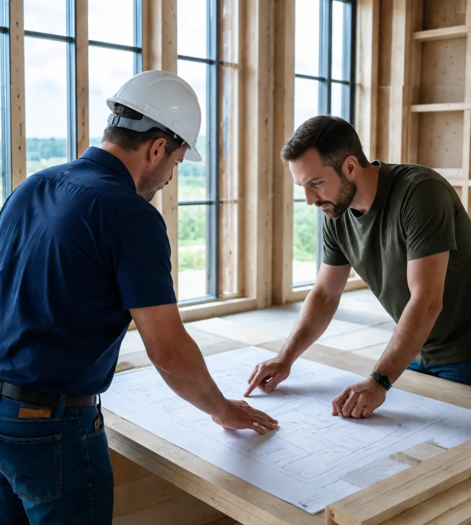 Two builders reviewing plans at a window on a construction site