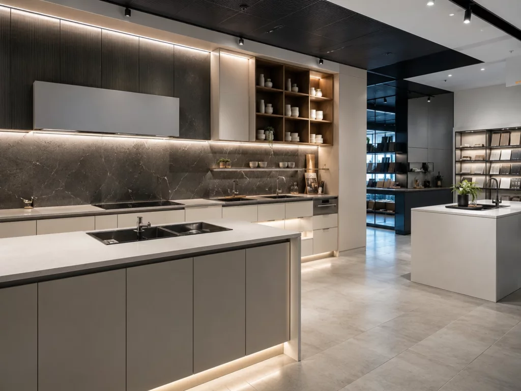 Contemporary cabinetry showroom display with island and shelving