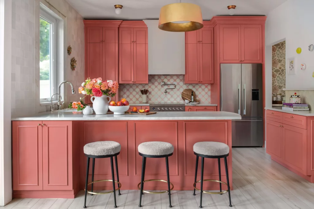 Award-winning coral shaker kitchen with island, Sanford