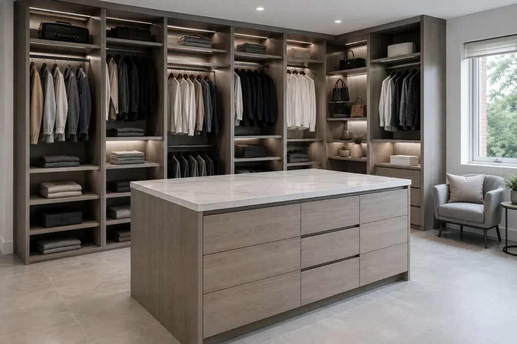 Walk-in closet with open hanging rails, shelving and a center island of drawers
