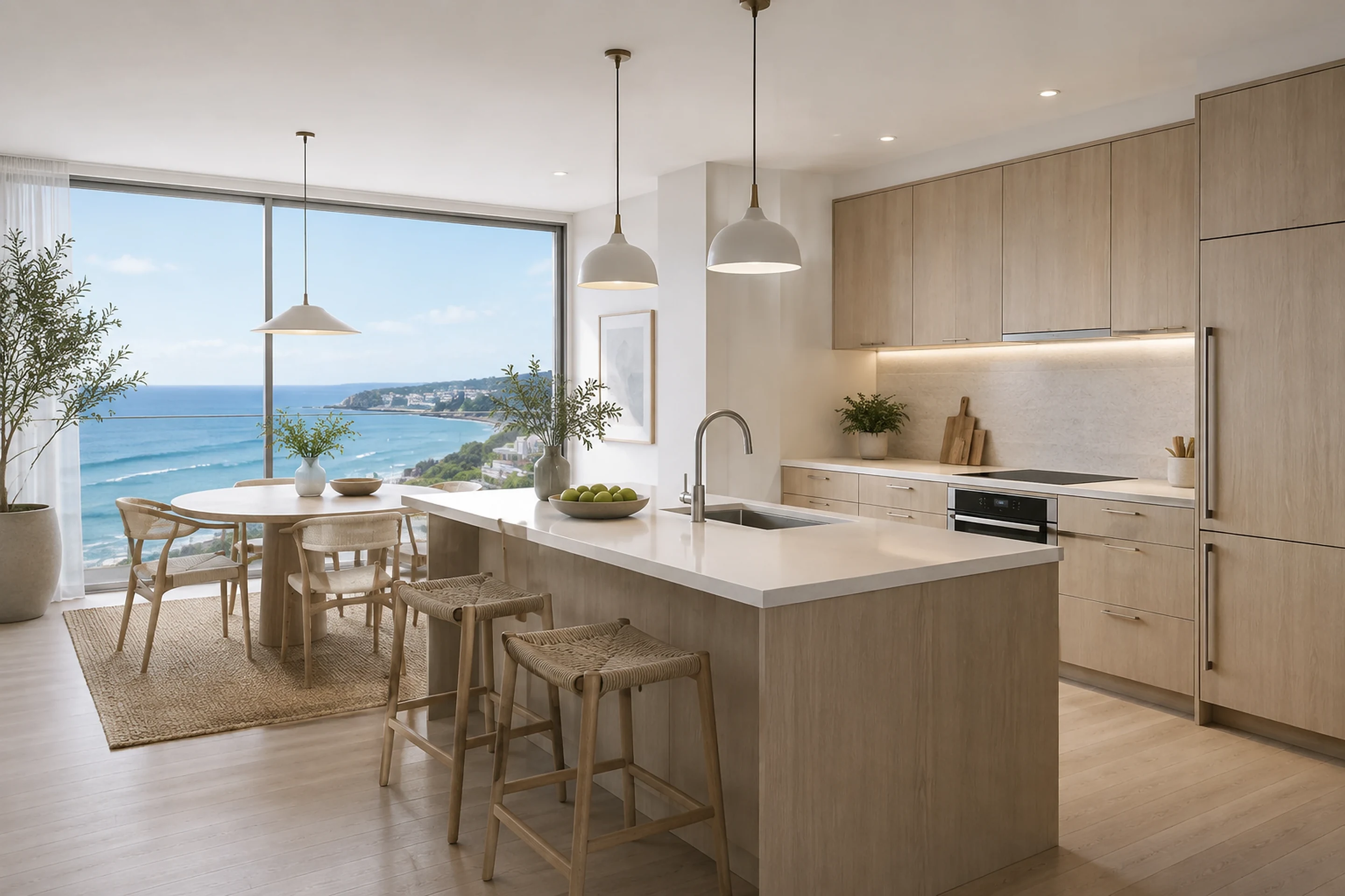 Light wood kitchen cabinetry in an apartment overlooking the coast