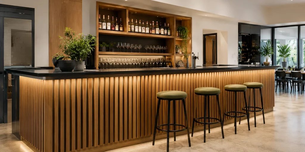 Commercial bar with a wood slat counter, back-bar shelving and stools