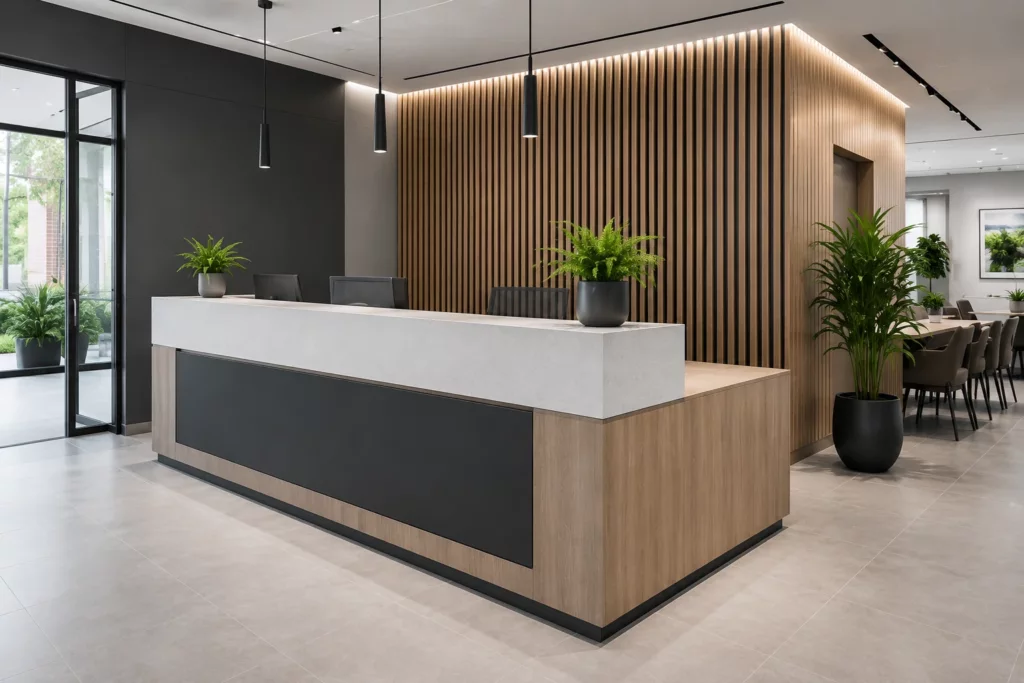 Reception desk with a wood slat front and lit feature wall, built as commercial casework