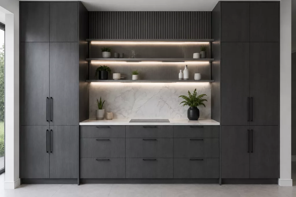 Dark tall cabinets with lit open shelving and a built-in workspace