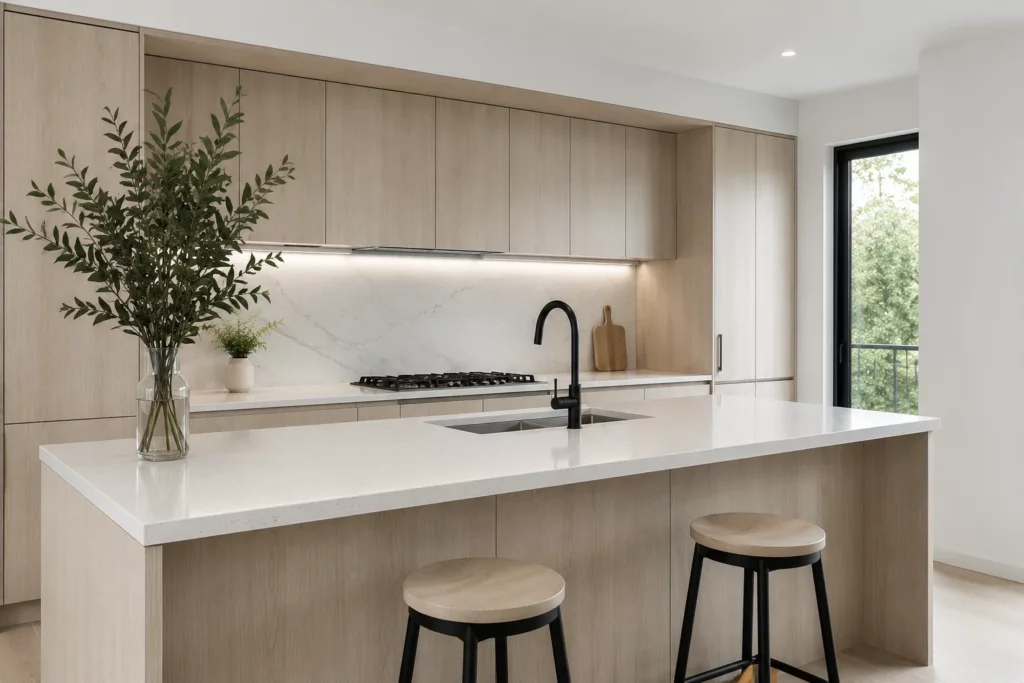 Homeowner kitchen with light wood cabinetry, an island and bar stools