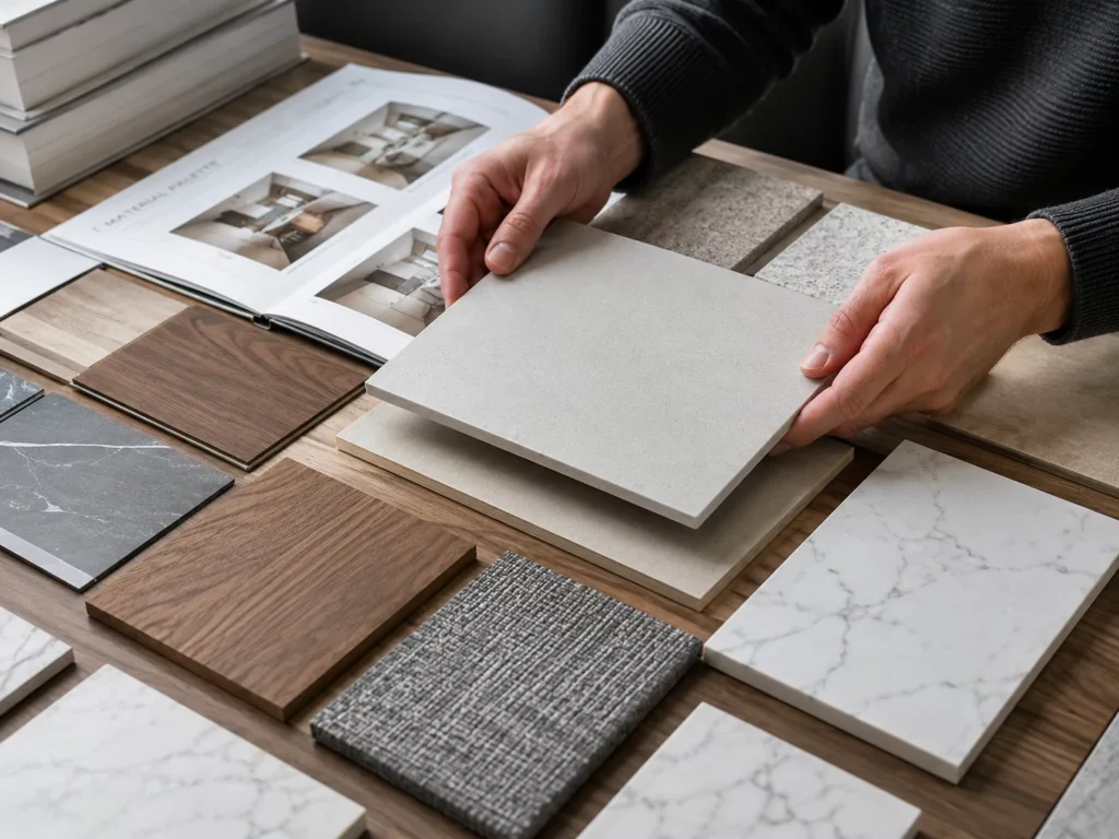 Interior designer arranging finish and material samples on a board
