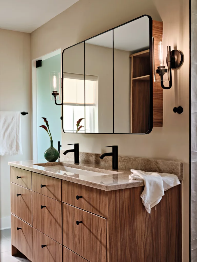 Walnut drawer vanity with stone top and black fittings