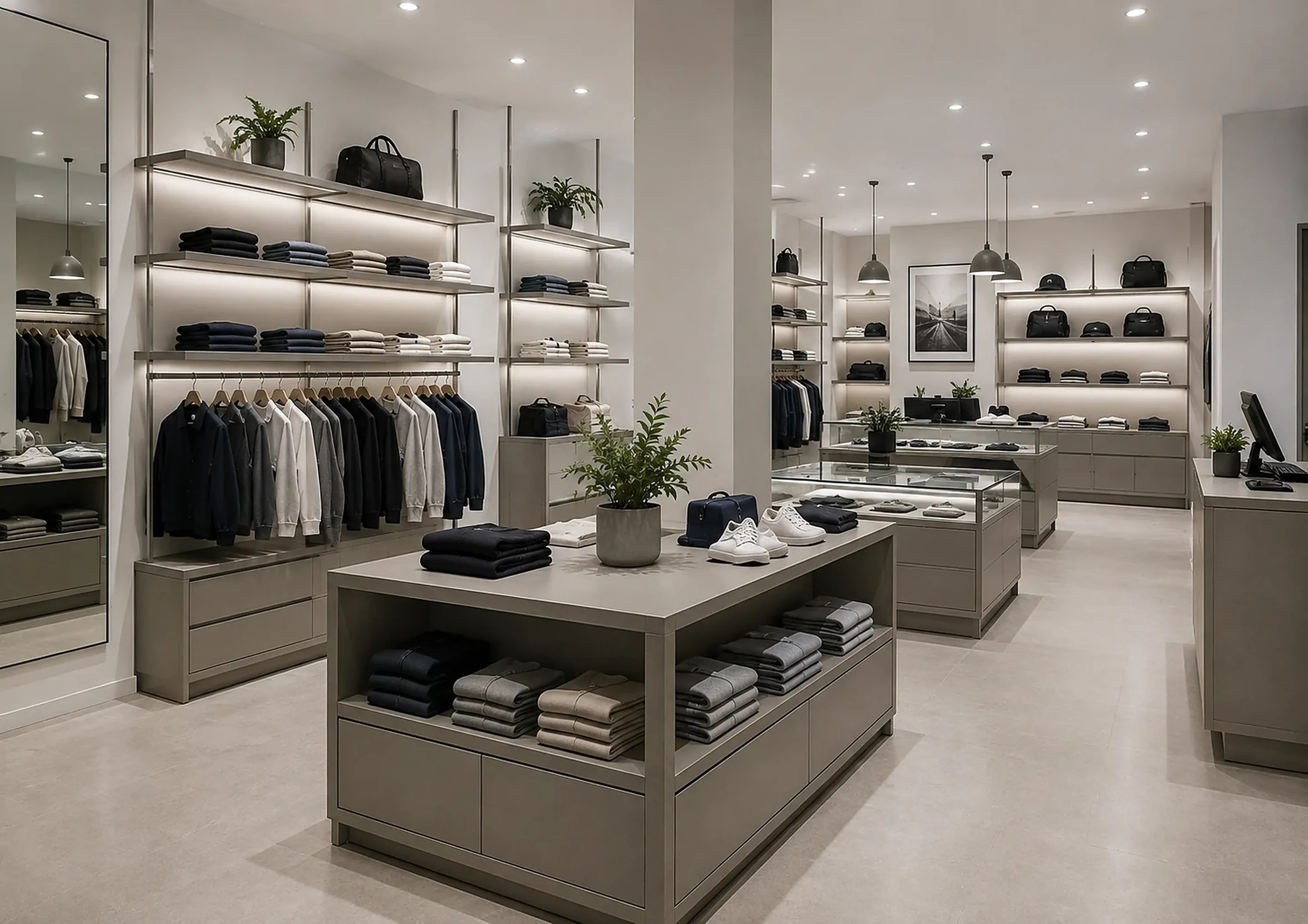 Retail store with wood display cabinetry, open shelving and a central island