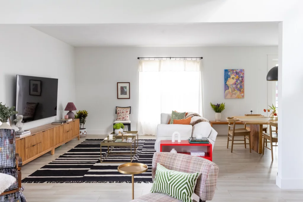 Open living and dining with built-in media wall, Sanford
