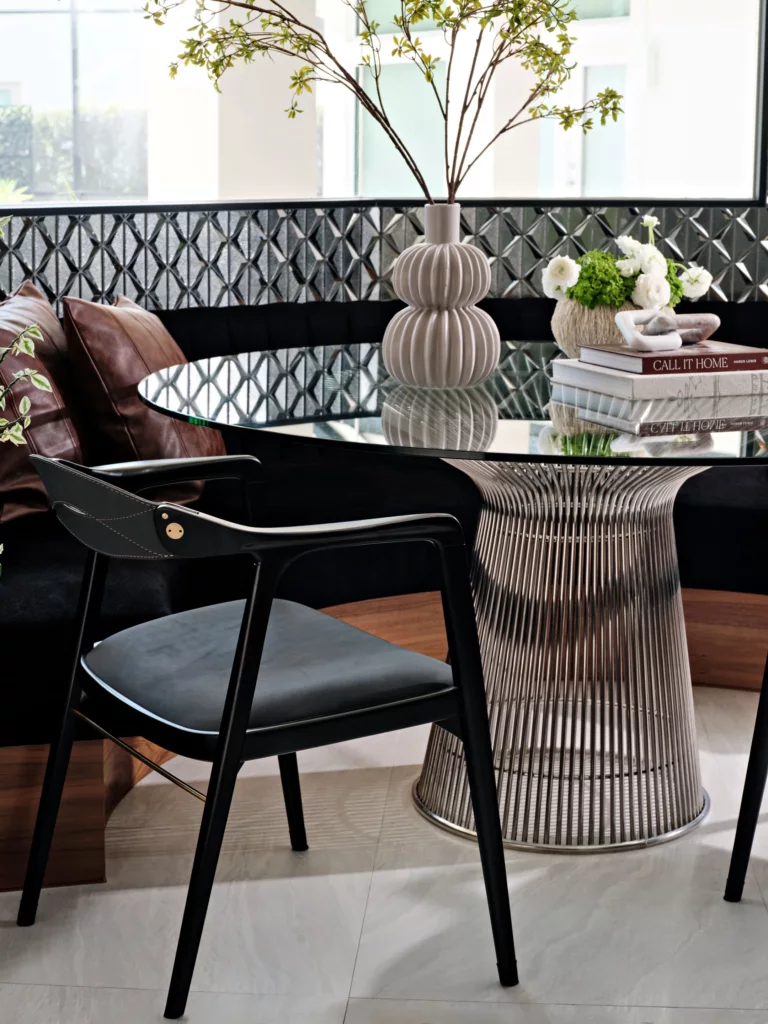 Custom upholstered banquette and dining table