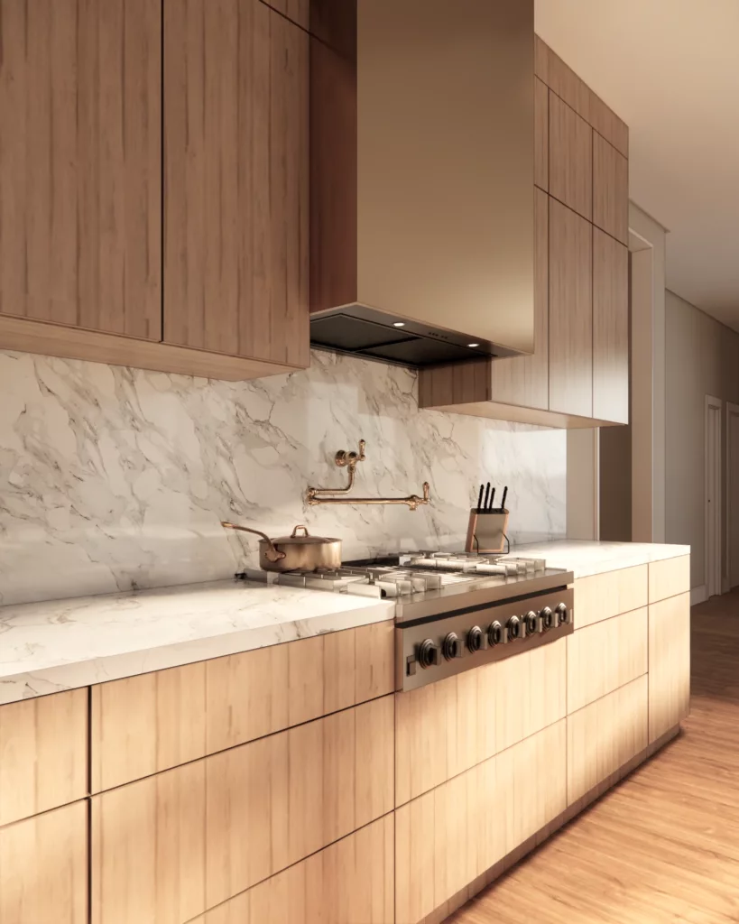 Living space cabinetry in wood with marble and brass detail