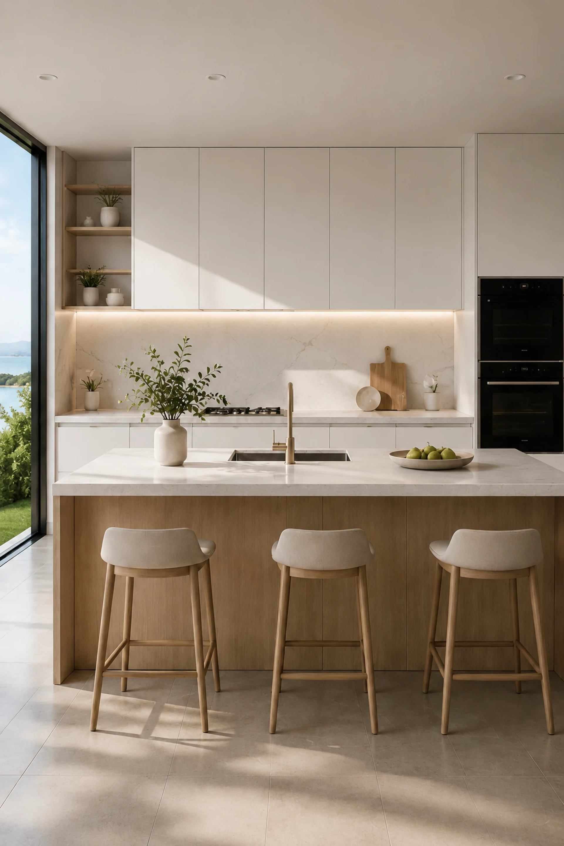 Warm minimal kitchen with island seating built by Unity Cabinetry