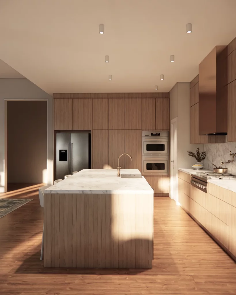 Wood kitchen with a white marble island